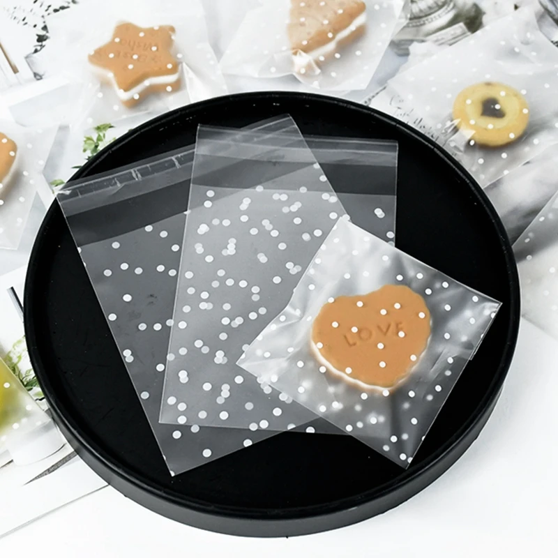 100 szt. Plastikowe Przezroczyste Torebki Celofanowe w Kropki na Cukierki, Ciasteczka, Prezenty, Samoprzylepne Torebki na Cukierki na Wesele, Urodziny, Imprezy — zdjęcie 4