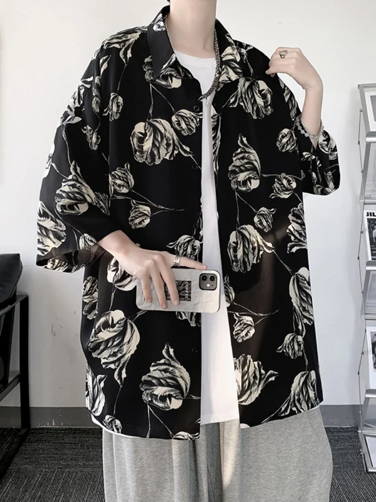 

Мужская летняя рубашка-кардиган из ледяного шелка с цветочным узором, свободного кроя, с коротким рукавом, тонкая, повседневная, премиум-класса, Haome Open Cardigan Jaet