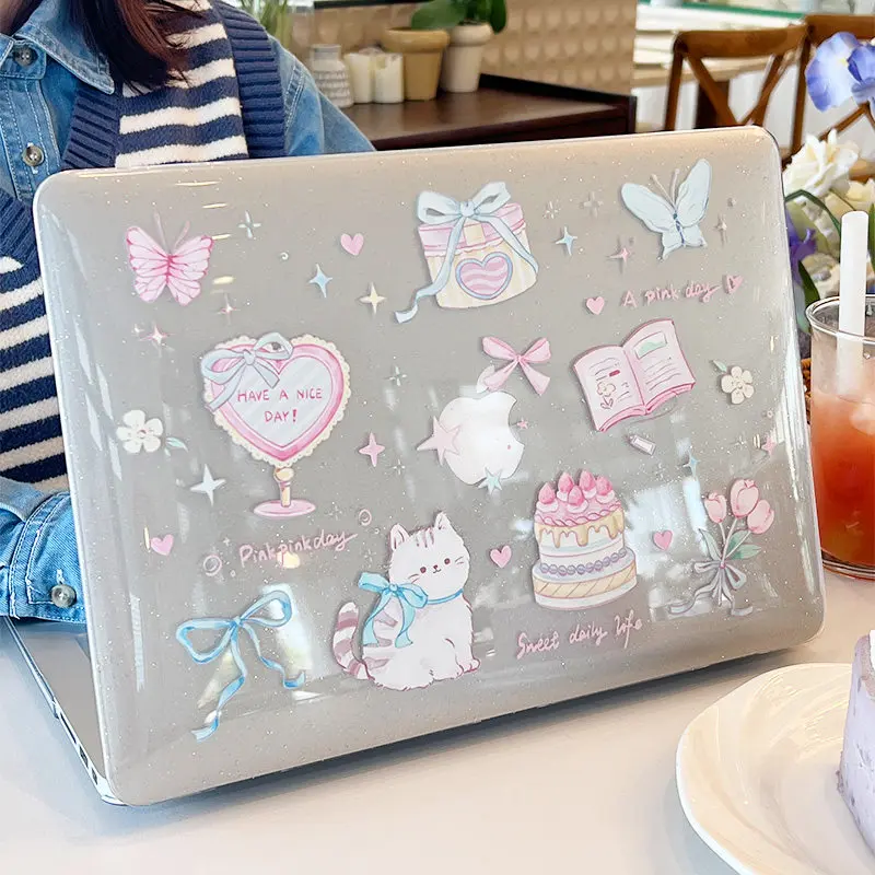 Ins Pink Cat Bow Glitter Shining Laptop Case For Macbook Air 13.6 M4 NEO 15 M3 Hard Cover For Mac Book Pro 13 M1 M2 14 M4 M5 16
