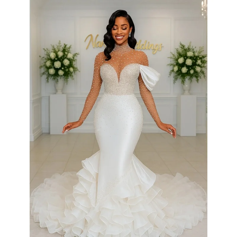 

Customized African style wedding dress with high neck long sleeves bead embroidery decoration lotus leaf skirt Vestido de Novia