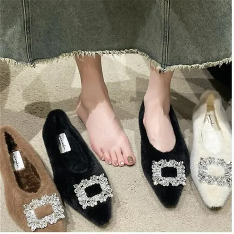 2024 Spring Autumn Women Cotton Loafer Flats Shoes Fashion Rhinestone Slip On Ladies Flats Women's Comfort Warm House Shoes