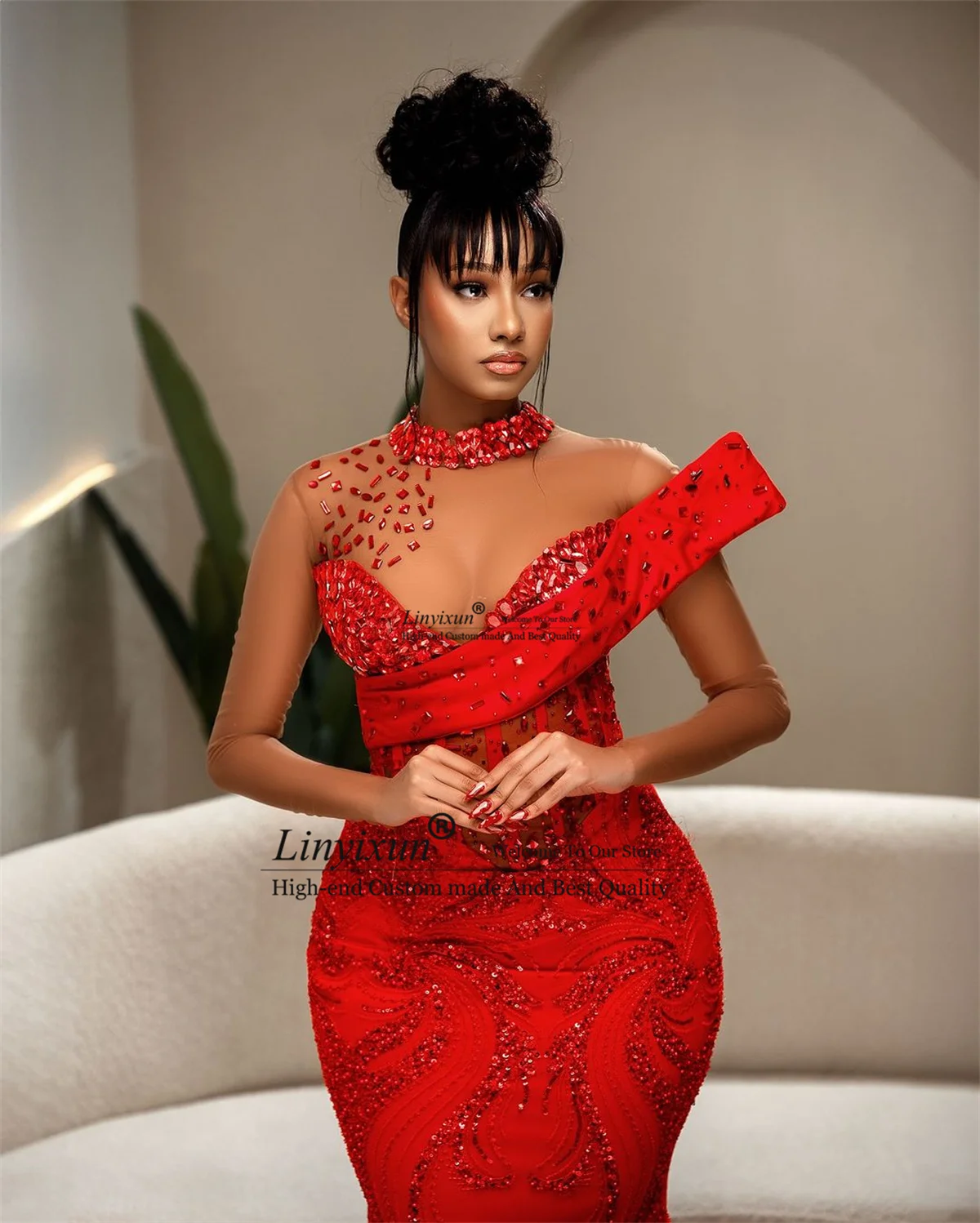 Luxury Beaded African Mermaid Prom Dress Appliques Lace Asoebi Red Formal Evening Gown Black Women Party vestidos de gala