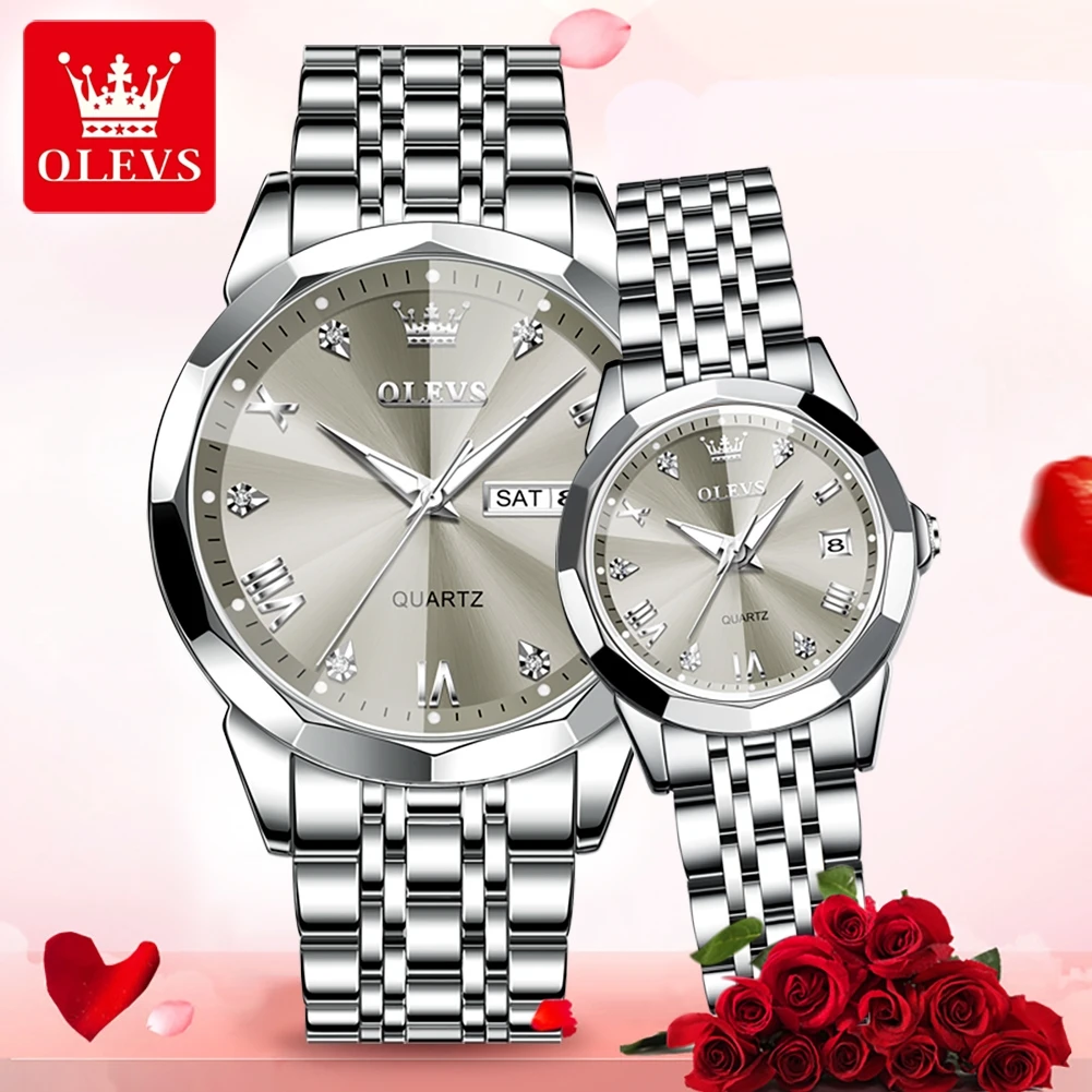 OLEVS-Montre à quartz pour couple, surface miroir prismatique, échelle de diamant romain, marque de mode, originale, amoureux, homme et femme