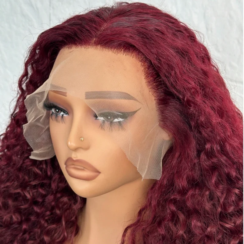 Synthetic 24 Inch Burgundy Deep Curly 13×4 Lace Front Wig, HD Transparent Lace, Dense Spring Curls Voluminous Cosplay Wig For Wo