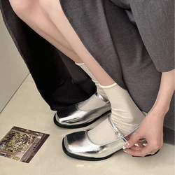 Kobiety Square Toe Chunky Heel Shoes Women Autumn Silver Buckle Strap Mid Heels Mary Jane Shoes Ladies Dress Office Shallow Shoes