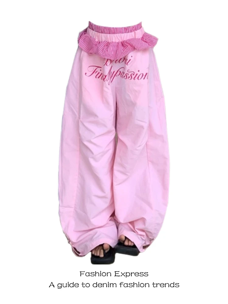 Pink Loose Straight Leg Pants Women's Summer New American Retro Print Spicy Girl High Waist Wide Leg Trousers Trendy Design