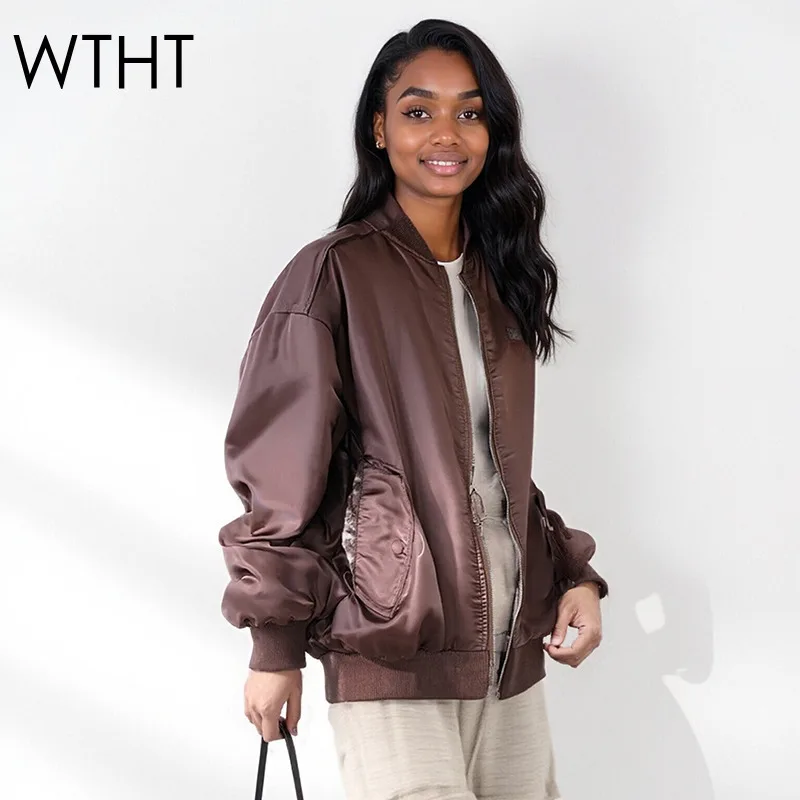 

WTHT модная женская теплая куртка с шерстяной подкладкой, зима 2025, модная новая модная куртка с воротником-стойкой и длинными рукавами, женская 1LS2681