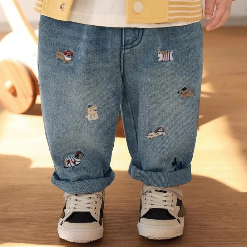 Spring Kids Girls Cotton Denim Pants 2-7Y Cartoon Puppy Embroidered Boys Jeans Elastic Waist Loose Lantern Trousers Clothes