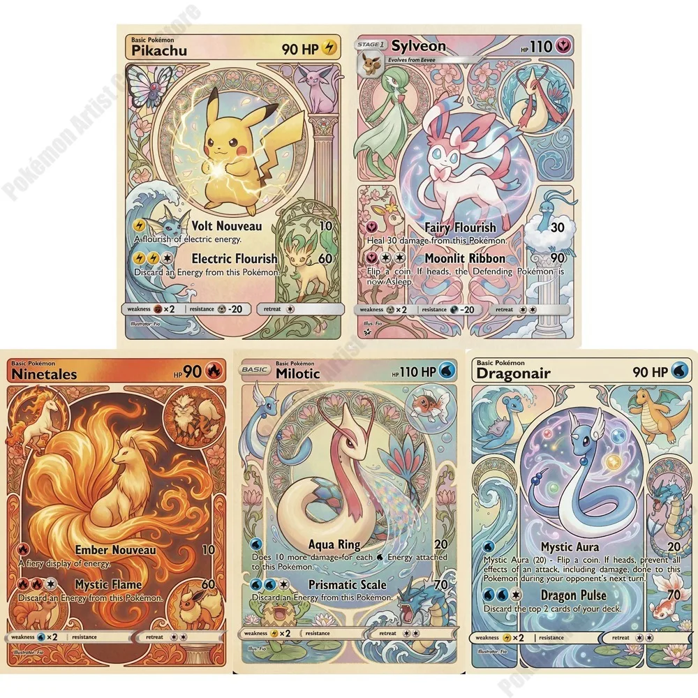 5-cartas-pokemon-estilo-mucha-sylveon-ninetales-milotic-dragonair-cartas-holo-ptcg-para-colecao-e-jogo-presente-pokemon