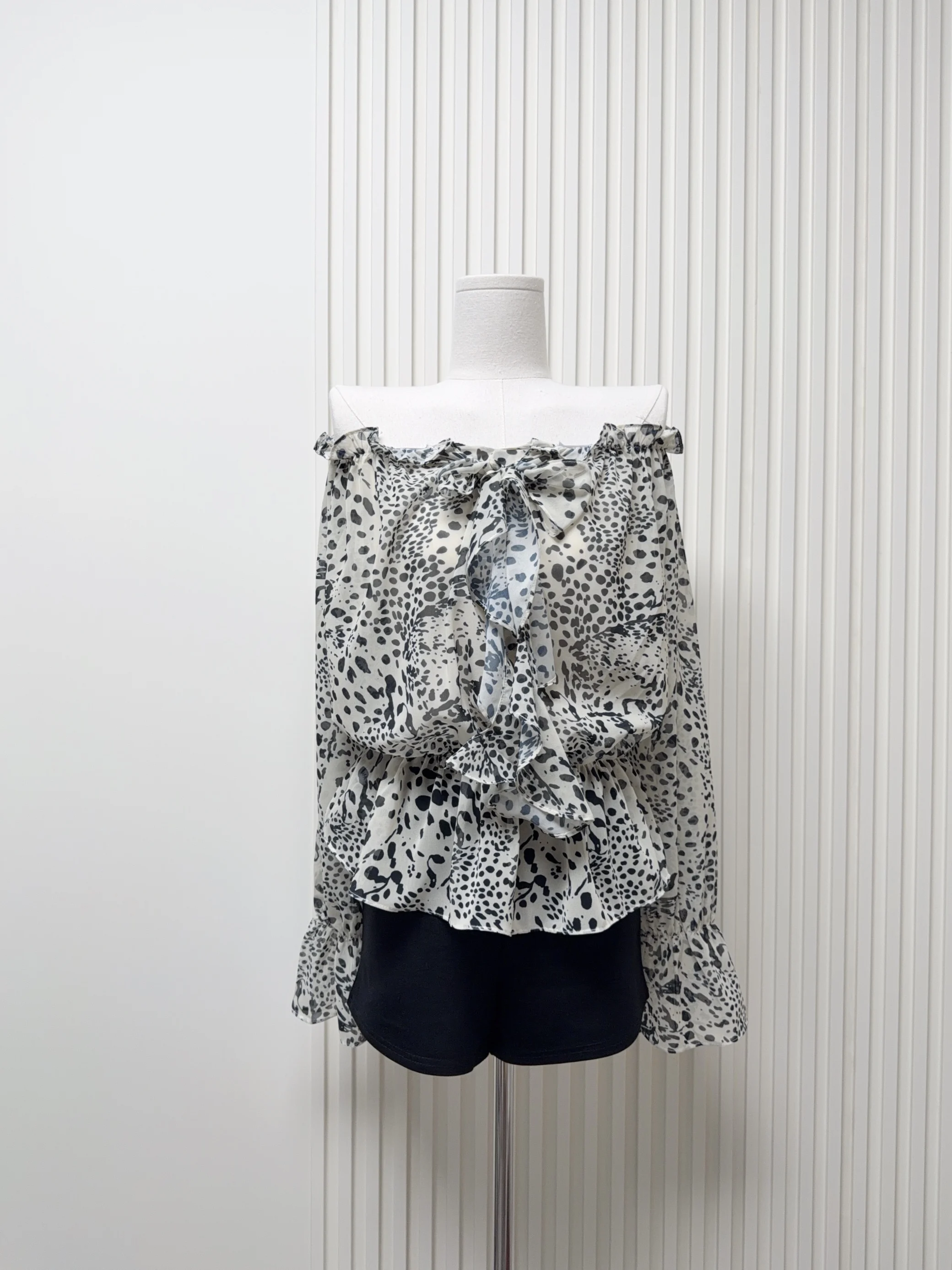 Women's Summer Streetwear Ruffled Slash Neck Long Sleeve Leopard Chiffon Blouse Lady Off Shoulder Loose Shirt Top