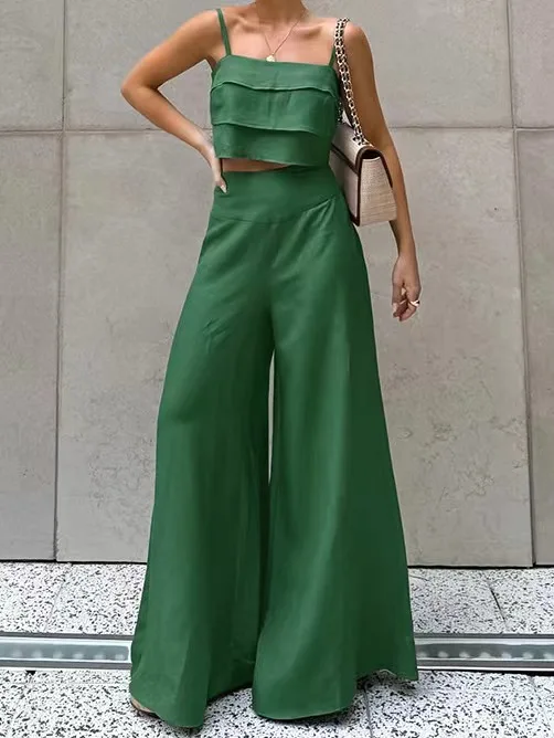 

Faionable Summer Outfit Susp Vest And Wide Leg Pants Set Cotton Long Pants Two Piece Set for Women Aged 8-25