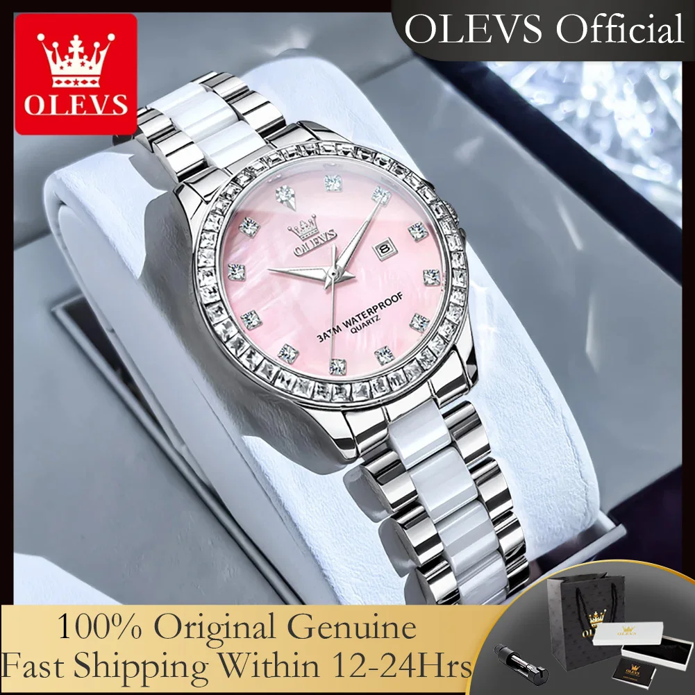 OLEVS 3651 Quartz Wristwatch with Gift Box Elegant Luxury Ceramics Strap Waterproof Auto Date Diamond Bezel Watch for Women New