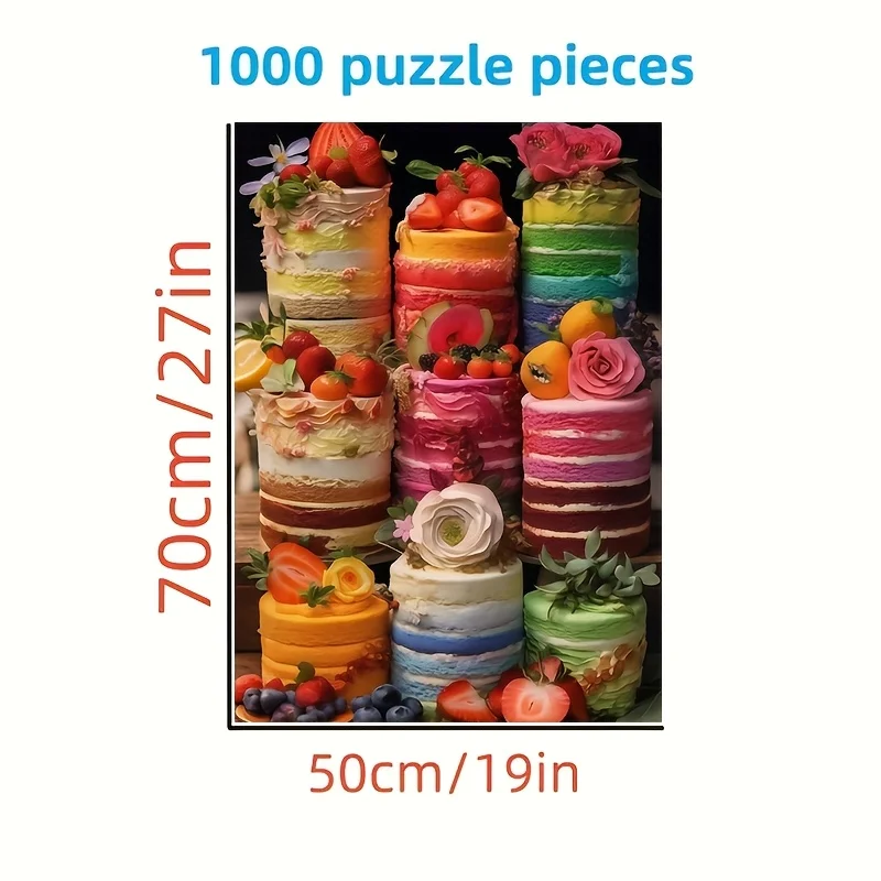 1000ピース パズル - いちご、ブルーベリー、バラを使ったリアルな層状ケーキ - 鮮やかな色（ピンク、イエロー、グリーン、オレンジ、P）