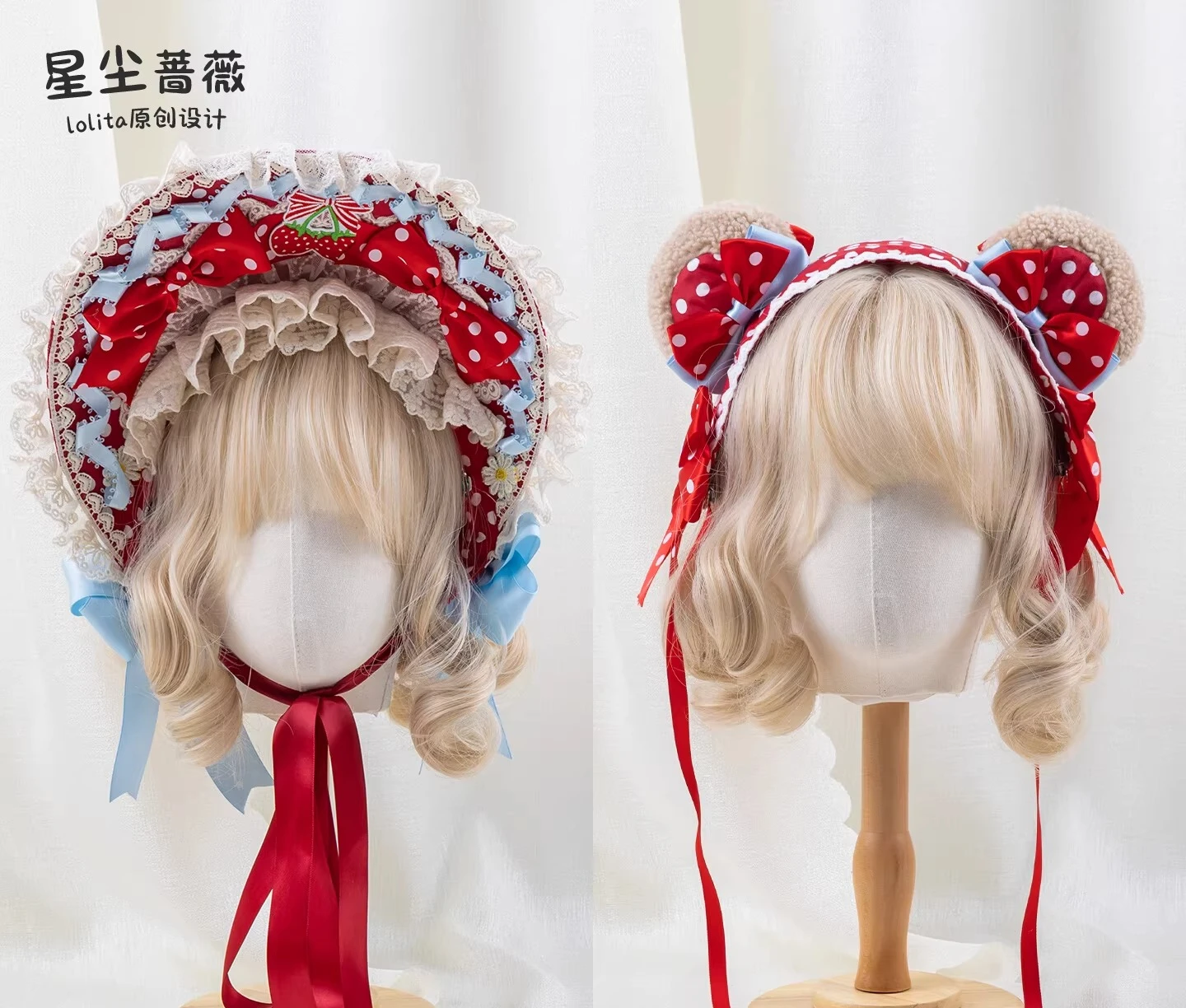 

Японская оригинальная шляпа ручной работы в стиле Лолита с кружевным бантом, плоская шляпа-бини с бантом в горошек и клубничным узором, ледяная синяя повязка на голову с лентами