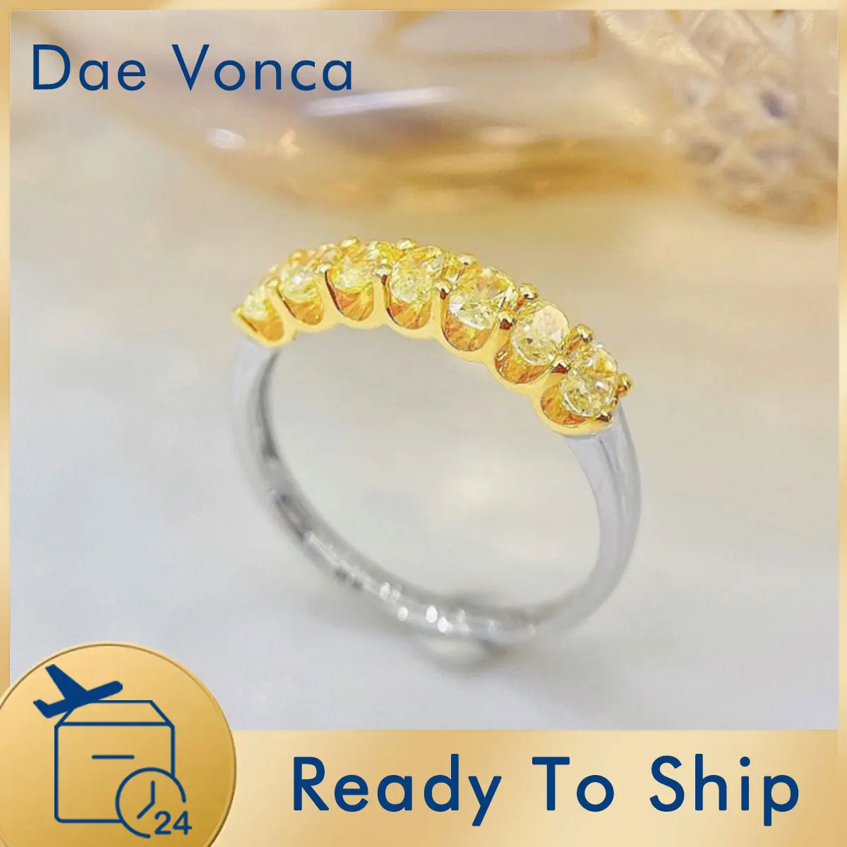 Oval Cut Natural Yellow Diamond Ring 18K White Gold Total 0.65ct Yellow Diamond Ring Two Tone Seven Stone Ring For Anniversary