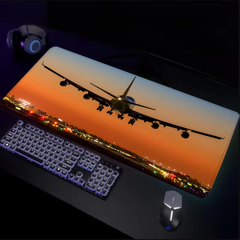 Airplane Mouse Pad Night View HD Design Large Desk Pad Rubber Stitched Edge Computer Mats for Desktop Perfect Gift for Friends