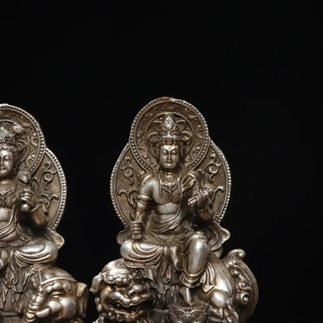 Antique Silver Manjushri Samantabhadra Bodhisattva Statue Tibetan Buddhist Sitting Buddha Figurines for Altar Worship Home Decor