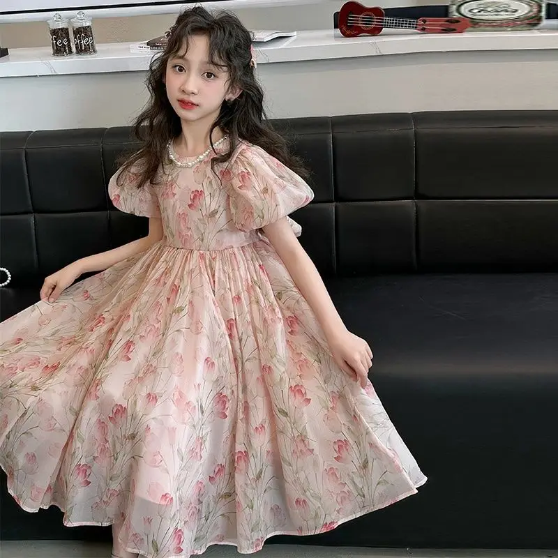 

Baby Girls Birthday Pink Floral Gauze Dress Puff sleeve Wedding Girls Dresses Weddings Kids Princess Ball Gown Long Skirts