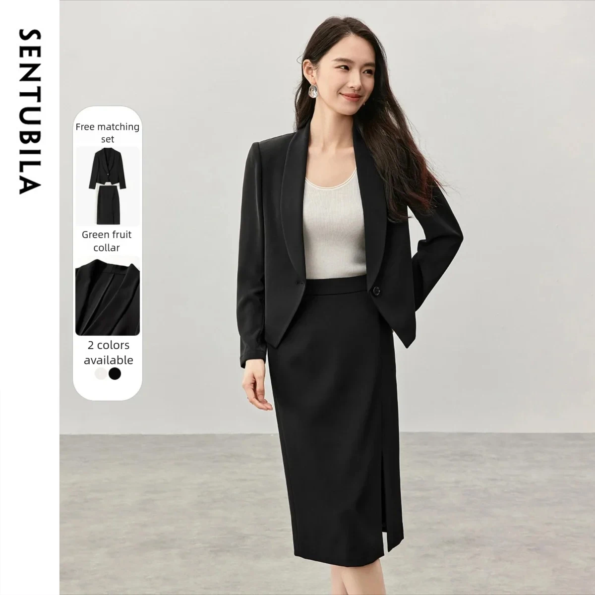SENTUBILA Office Ladies Outfits Workplace Commuter Temperament Green Fruit Collar Suit Set Slit Skirt Premium Suit 151Z56886