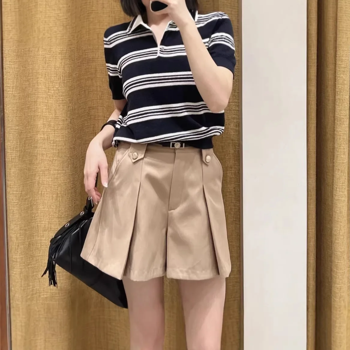 

Women Solid Color Pleated Design Zipper Belt High Waisted Shorts Khaki Spring/Summer Elegant Fashion Three Quarter Pants