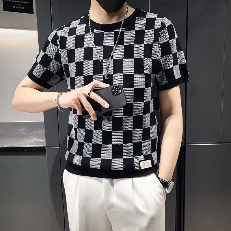 

New Summer Versatile Knitted T-Shirts Ins Short-sleeved Fashionable Thin Plaid Hollow Slim Round Neck Trendy Top