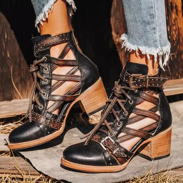 

Retro Women Western Cowboy Brown Black Genuine Leather Hollow Gladiator Round Toe Lace Up Buckle Square Heel Ankle Boots Shoe