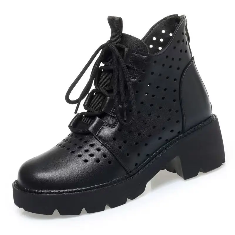 Women Genuine Leather Lace Up Ankle Cool Boots Spring Summer Thick Sole Block Heel Round toe Hollow Out High Top Casual Boot