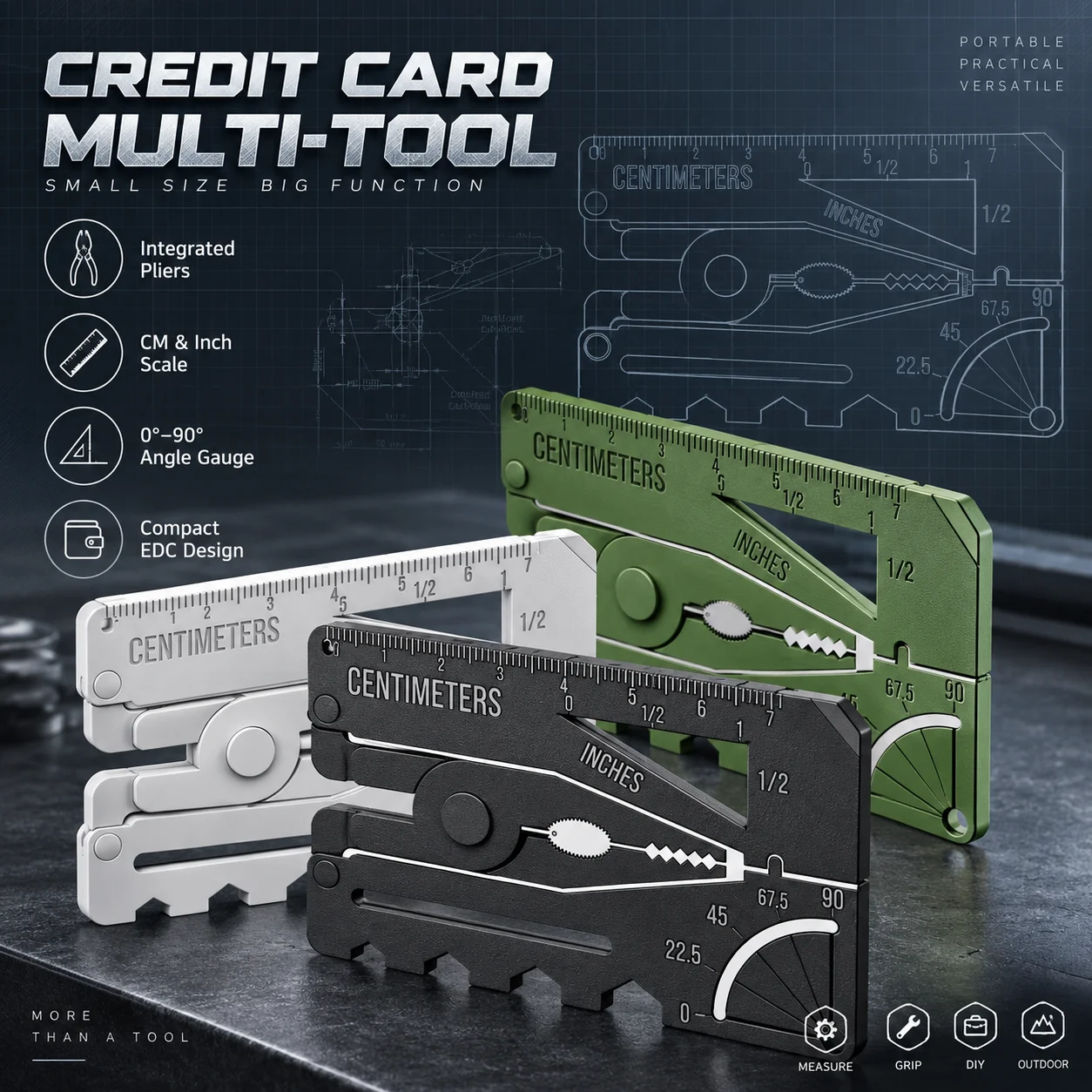 Compact Folding Multi Tool Ruler Angle Gauge with Gripping Jaws CM Inch Scale 3D Printed Pocket Tool White Black Green