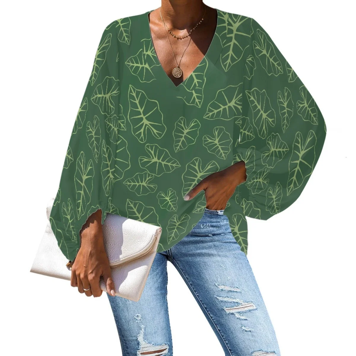 Pacific Islander Women's Blouses and Shirts Lady Custom Taro Kalo Leaves Print Lantern Sleeve Chiffon T Shirt Top