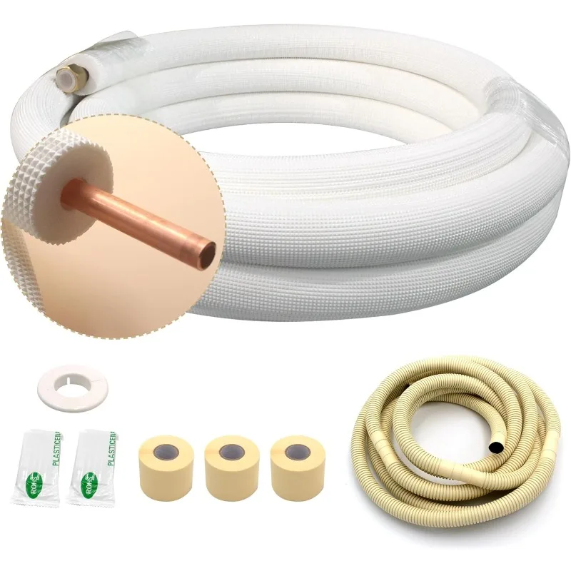 

33FT Copper Tubing Mini Split Line Set 5/8" OD Single Tube with Nuts,1/2" White Insulation Kit Pipe Round Metal for Air Conditio