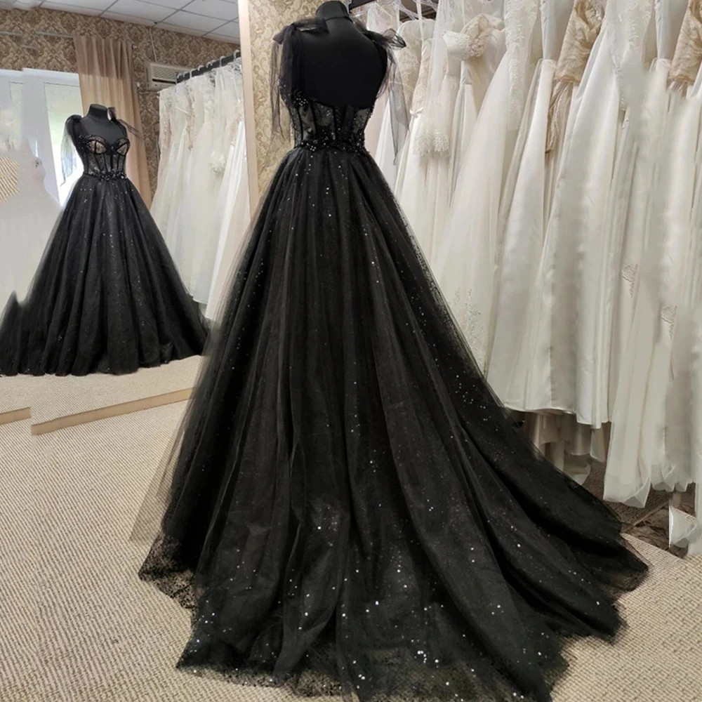 Customized Gothic Black Wedding Dresses Lace Exposed Boning Formal Bridal Gowns Glitter Night Party Met Gala Robe De Mariée