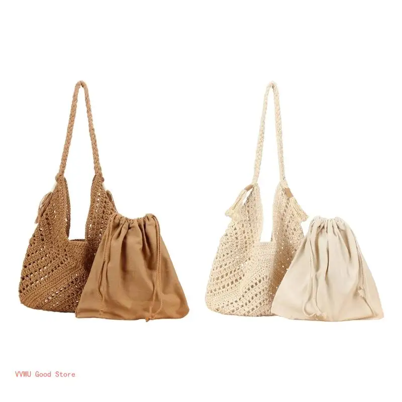 Women Casual Shoulder Bag Handwoven Handbag Knitted Hobo Bag Fashion Straw Beach Bag with Inner Bag for Travel Daily