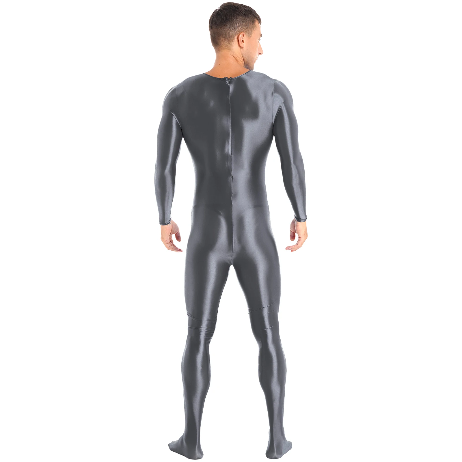 Mens Solid Color Long Sleeve Bodysuit Lingerie Mock Neck Back Zipper Bodystocking Glossy Gymnastics Fitness Sportwear Nightwear