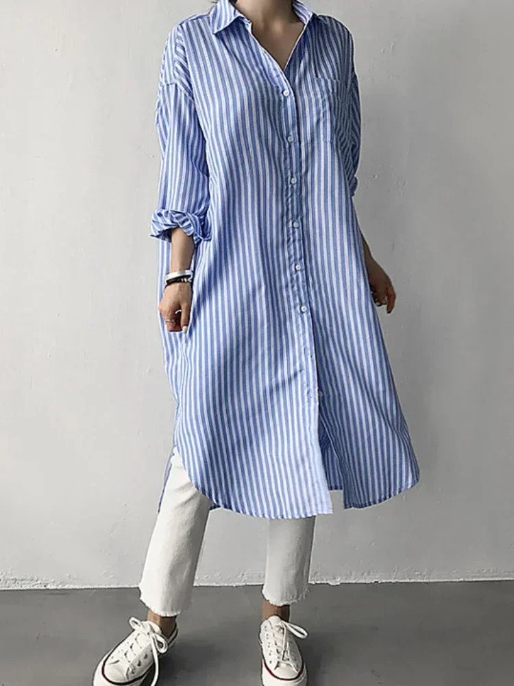 Cool Wind Medium Long Striped Shirt Women's Casual Button Loose Large Lazy Style Powder Blusher Long Sleeve Lining Dress