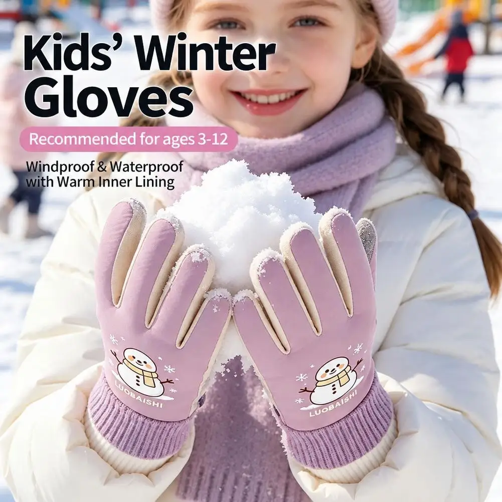 Kids Waterproof Winter Snow Gloves Cartoon Snowman Windproof Waterproof Gloves For Boys Girls Outdoor Skiing Snow Playing