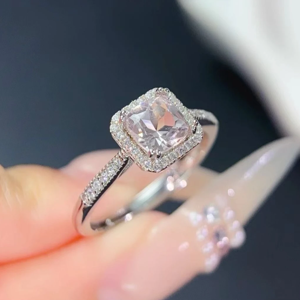 Real Morganite Silver Ring for Engagement 6mm Morganite Ring with Certificate 925 Silver Gemstone Jewelry Gift for Woman