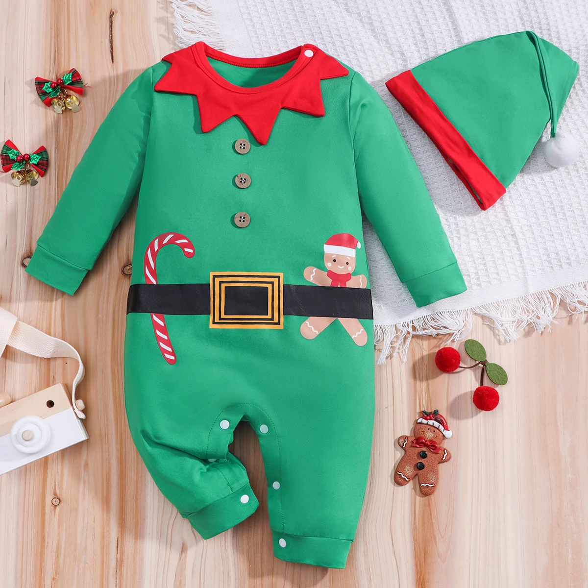 

Милый Рождественский стиль IURNXB, комбинезон для мальчиков и девочек + шапка, праздничный наряд для младенцев, искусственные подарки, весна-осень-зима, 2 шт., 0-18 месяцев