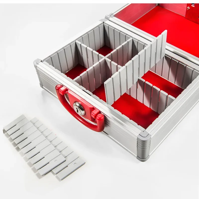 Draagbare grote kleine kantoorbenodigdheden kofferdoos 6, 9-raster verstelbare aluminiumlegering PC bedrijf financiële zegel opslag gereedschapskist