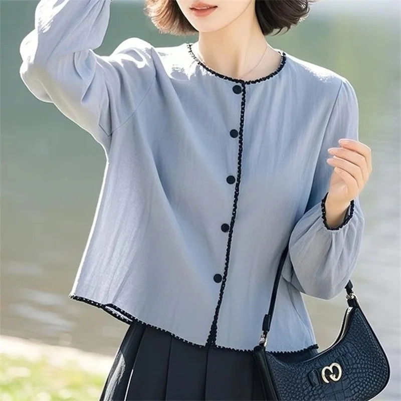 Sehr schönes Damen-Hemd, neu, 2025, Frühling, Sommer, Rundhalsausschnitt, blaues Ingwer-Hemd, Mantel, Oberteil, eleganter Sonnenschutz-Mantel, Jacke, weiblich