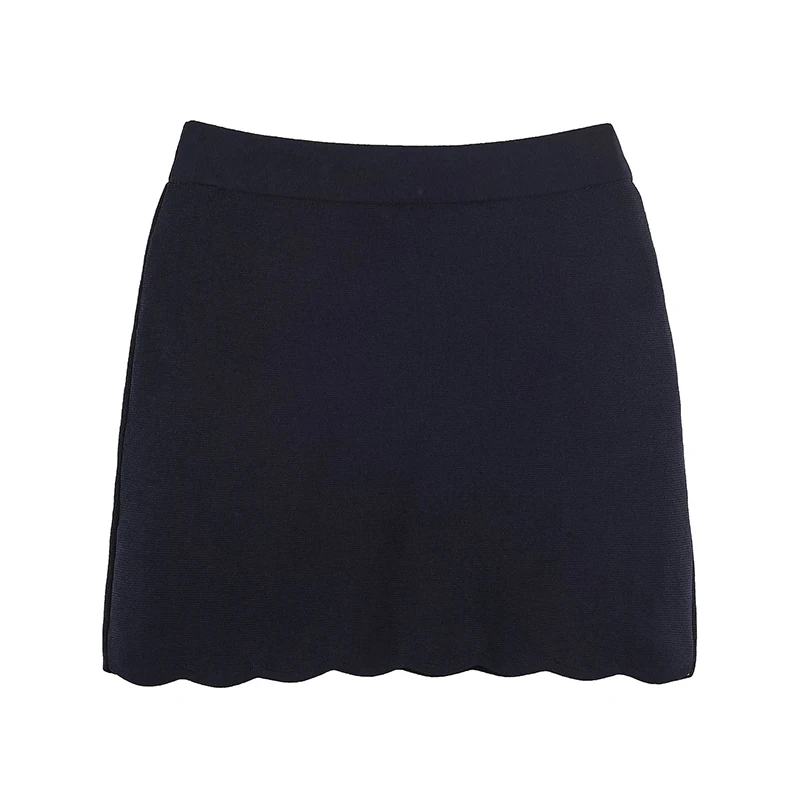 YENKYE Women Navy Blue Knit Mini Skirt Elastic Waist Scalloped Hem Casual Bodycon Short Bottom