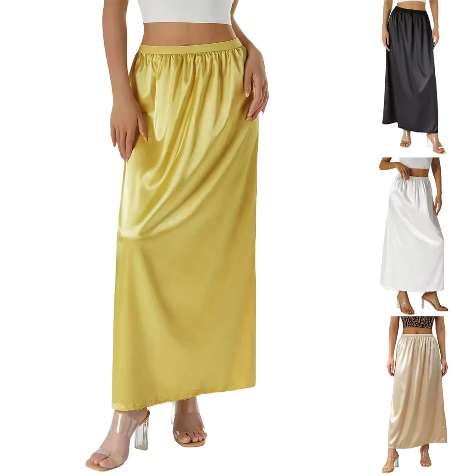 Women Fashion Metallic Shiny Skirt Elastic High Waist Solid Color Long Skirt Elegant Party Women A-Line Long Skirts