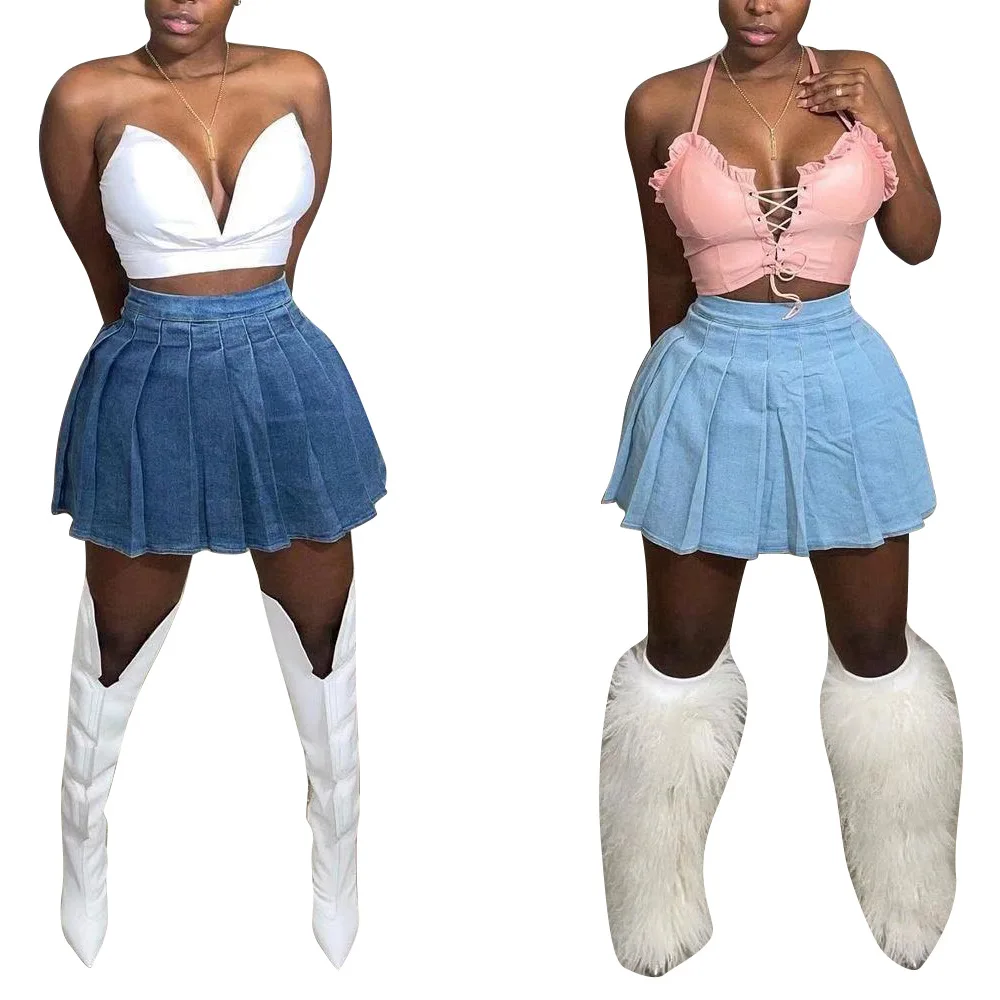 

Hot Trending Casual Denim Pleated Mini Skirt Women Solid Color a Line Jeans Midi Waist Female Short Jean Skirts for Women