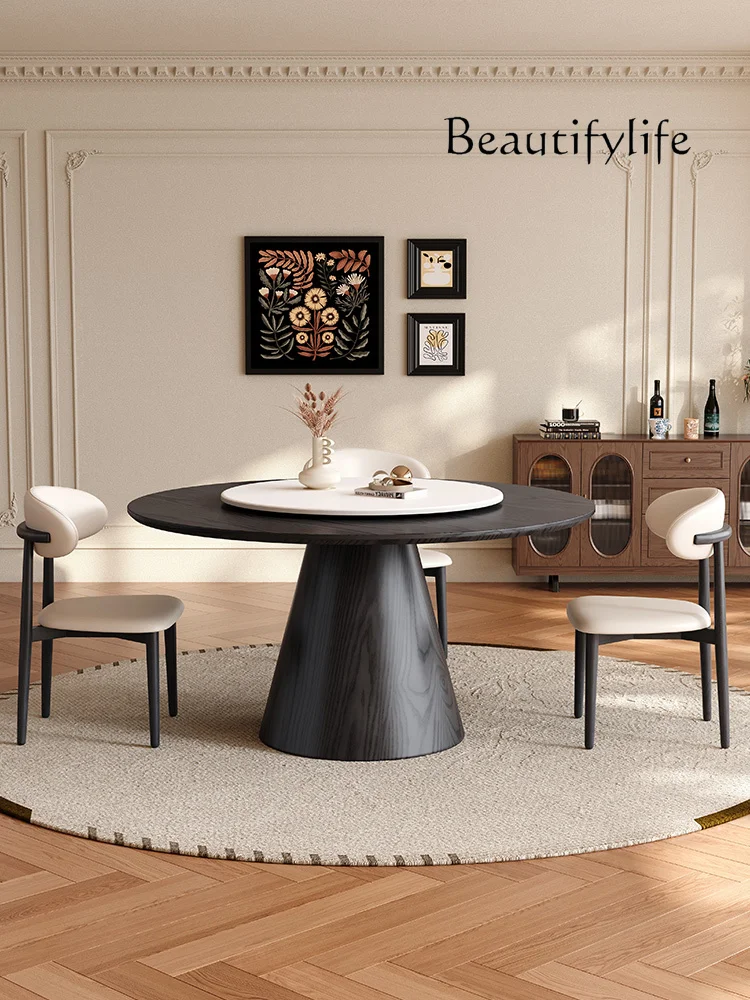 Medieval style all solid wood round household small apartment modern simple black retro style with turntable round dining table