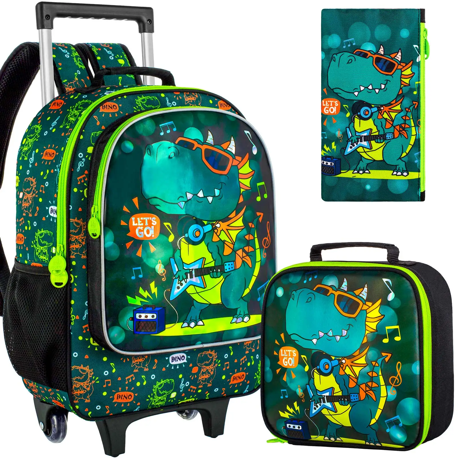 

3PCS Rolling Backpack for Boys, Roller School Backpack with Wheels, Kids Dinosaur Wheeled Bookbag for Elementary Preschool Kinde