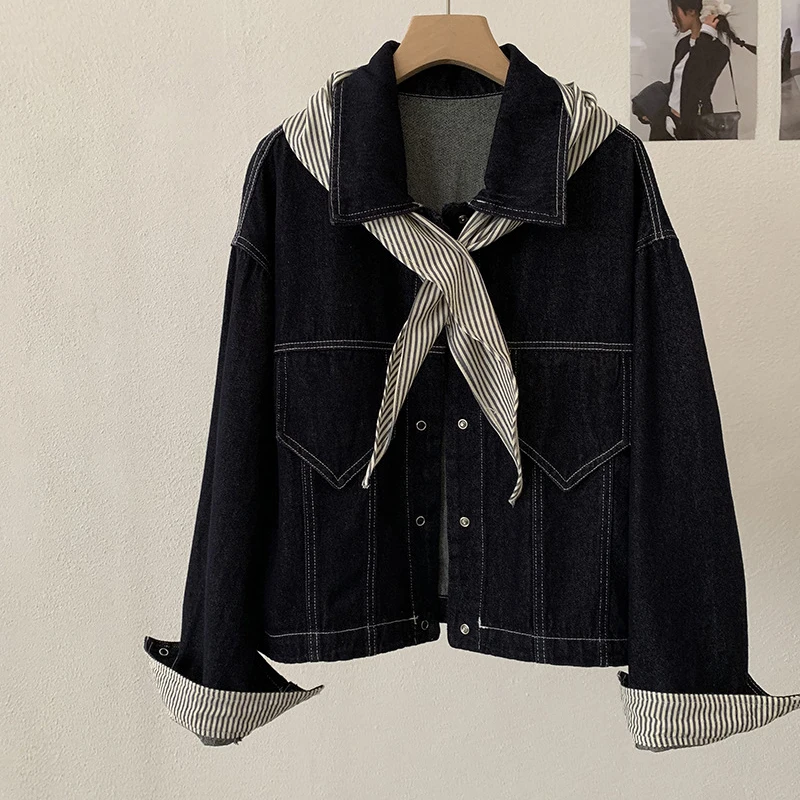 

Striped Shawl Denim Jacket for Women Autumn New College Style Lapel Long Sleeve Loose Coat Female All-match Outerwear