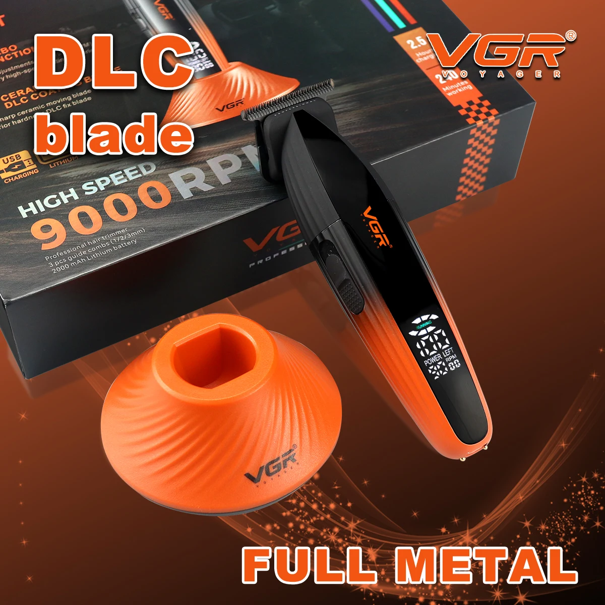 

VGR V-889T Professional Hair Clipper for Men DLC Blade 9000RPM Base Charger Full Metal LED Display Finishing Machine Trimmer