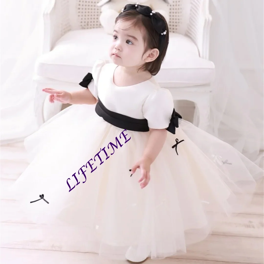 Vestidos de flores para niña, vestido elegante de princesa de tul con lazo y cuello redondo para fiesta de cumpleaños, vestido de primera comunión personalizado