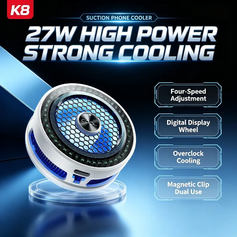 k8-9v-3a-27w-最大出力、デジタル表示付きrgbライト搭載、半導体冷却方式のモバイルゲーム用冷却ファン、pubg対応、磁石-クリップ式。