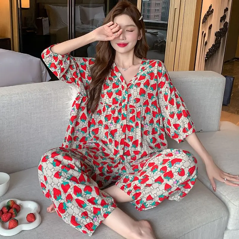 [100%] Spring Summer New Cotton Silk Pajamas for Women Fat Mm Large Size Pajamas Set Trousers Seven Points Sleeve Two-piece Set