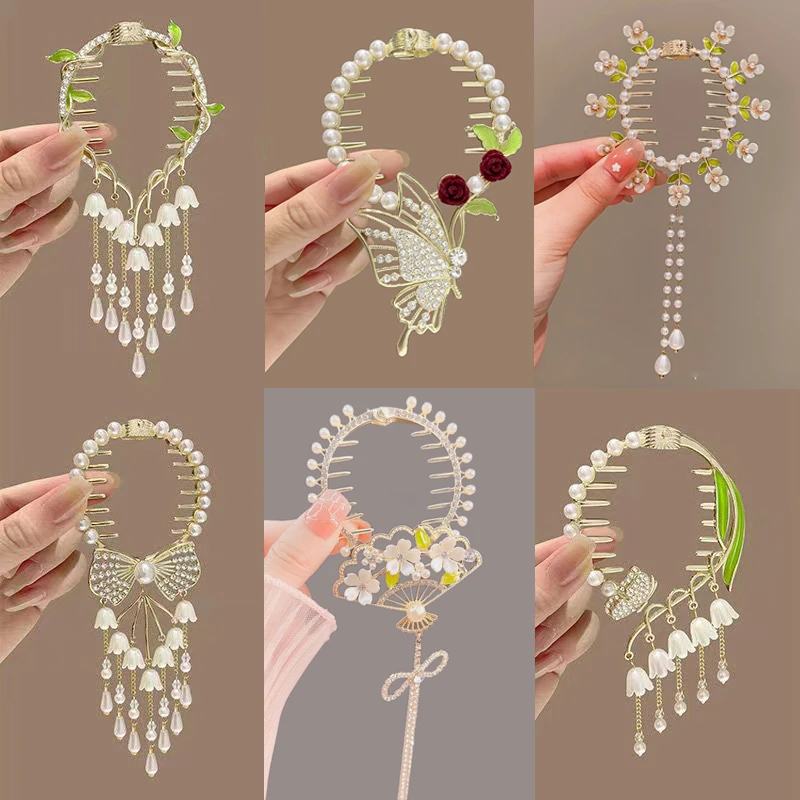 Elegant Lily Of The Valley Flower Pearl Rhinestone Tassel Ponytail Buckle Hair Bun Clips Hair Pins Women Girls Hair Accessories